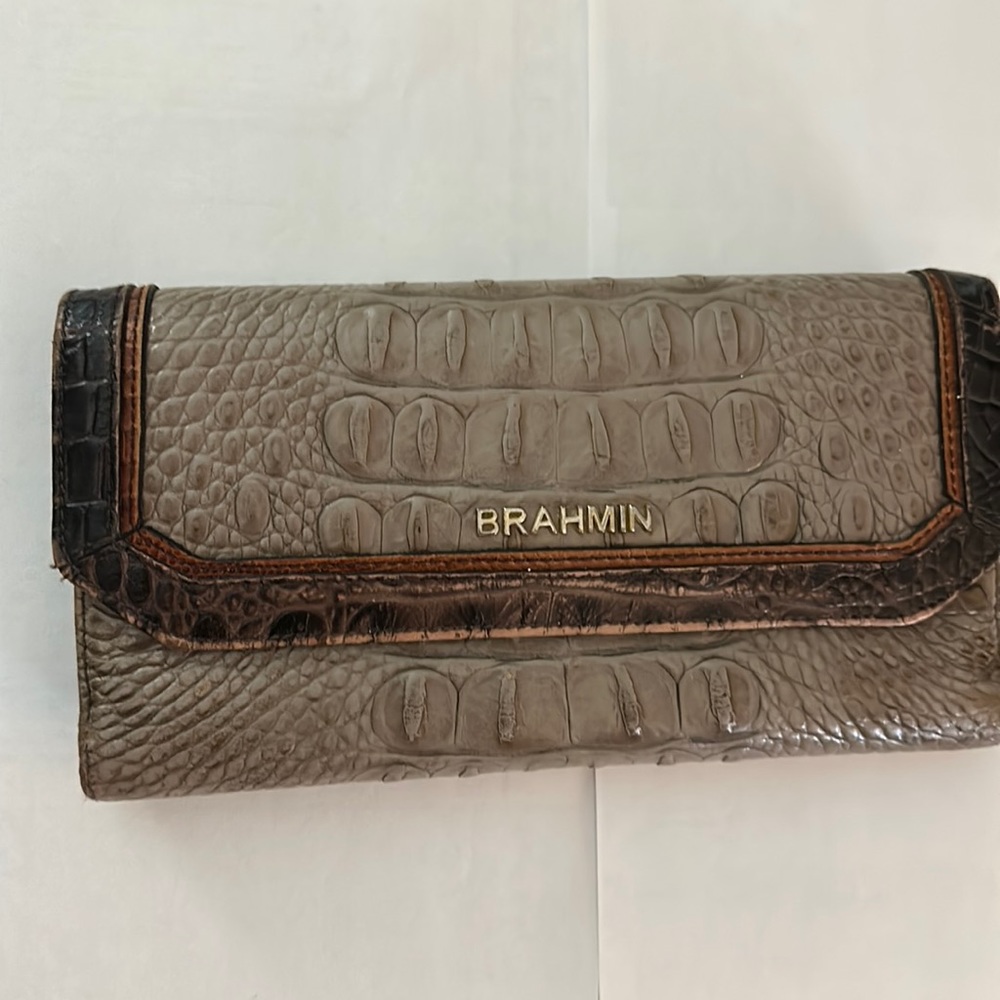 Brahmin Soft Checkbook Tri-fold Wallet Croco  Crocodile Embossed Taupe Leather